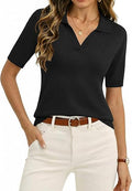 Women's Short Sleeve Polo Sweater V Neck Knitted Spring Casual Work Tops Loose Pullover Shirt